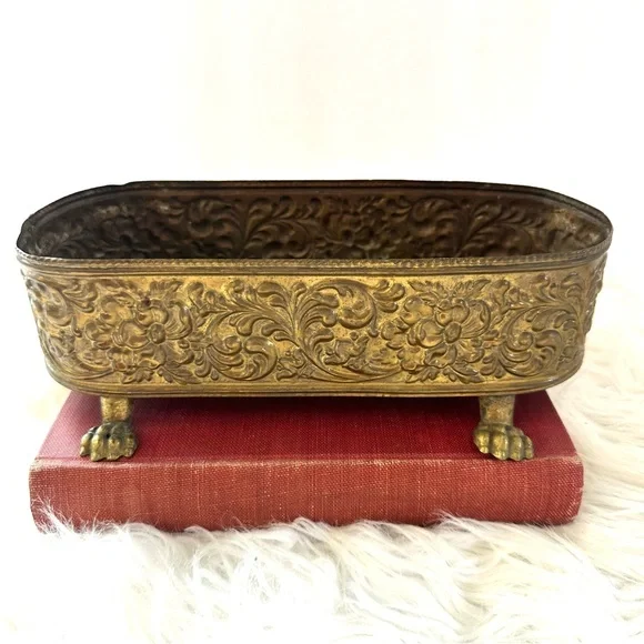 Beautiful Floral Copper Clawfoot Gold Cashpot Planter - Picture 1 of 7